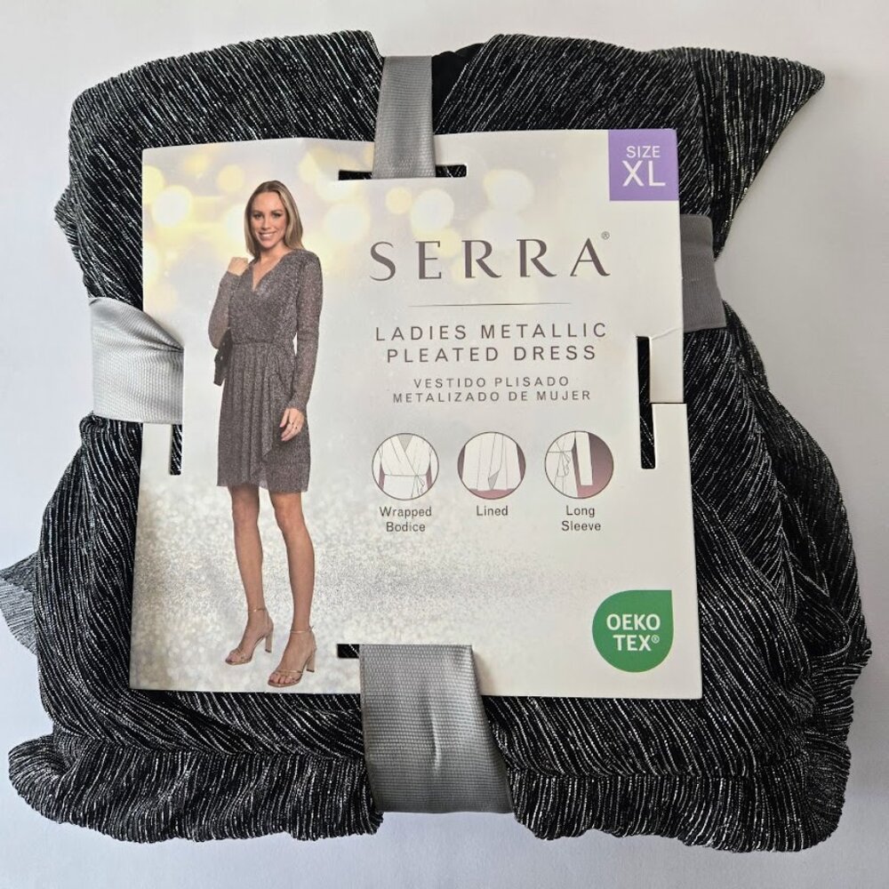 Serra pleated L/S metallic wrap‎ dress Size XL NWT